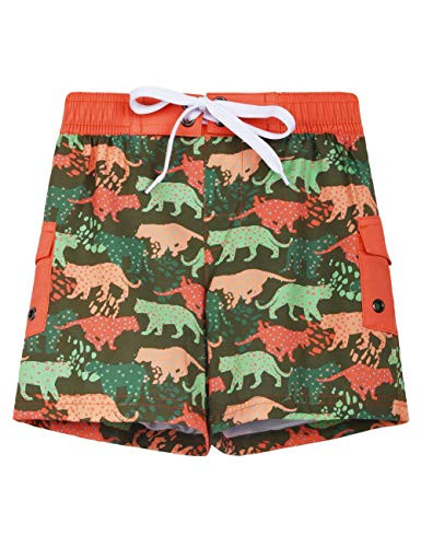 Nonwe Big Boy's Swim Board Shorts Quick Dry Elastic Waist with Drawstring Printed Swim Trunks Tiger Pattern Orange 3T