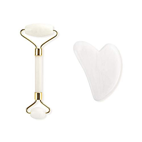 Jade Roller and Gua Sha Set, Facial Roller Double Head Jade Stone Face Massager Gua Sha Scraping Plate Massage Tool
