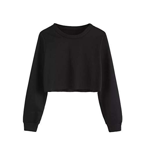 HUILAN Women's Long Sleeve Round Neck Tee Shirt Crop Top Pullover Black M