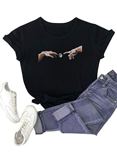 WDIRARA Women's Graphic Print Short Sleeve Round Neck T Shirt Casual Top Black M