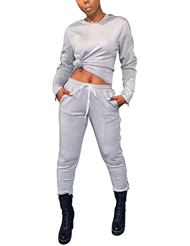 Akmipoem Trackuit Outfits for Women Zipper Slit Long Sleeve Pullover Sweatshirts and Jogging Pants Set Grey L