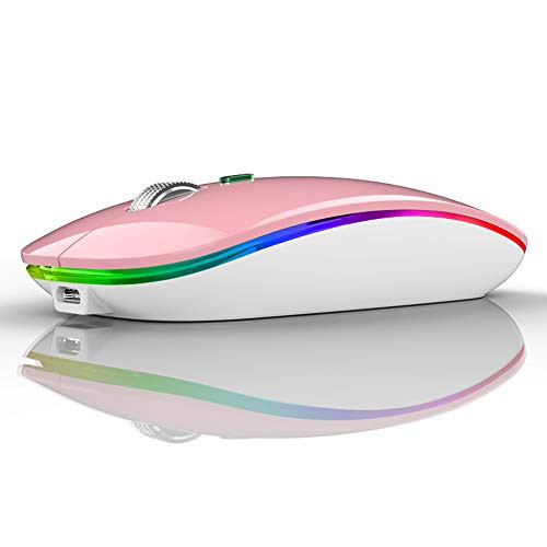LED Wireless Mouse, Uiosmuph G12 Slim Rechargeable Wireless Silent Mouse, 2.4G Portable USB Optical Wireless Computer Mice with USB Receiver and Type C Adapter (Pink)