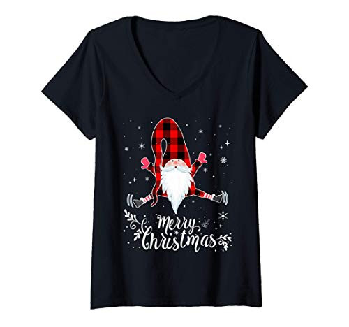 Womens Gnomies Santa Claus Garden Gnome Merry Christmas Plaid V-Neck T-Shirt Womens Gnomies Santa Claus Garden Gnome Merry Christmas Plaid V-Neck T-Shirt