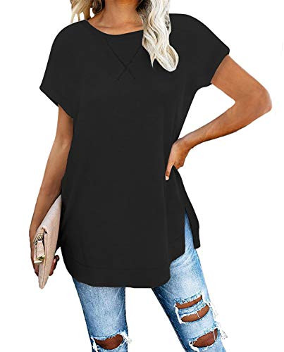 ZILIN Womens Short Sleeve Tops Round Neck Tunic Casual T Shirts Loose Blouse Black