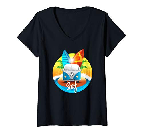 Womens Surf Boards - Surfing Van Beach Palm Trees Waves V-Neck T-Shirt