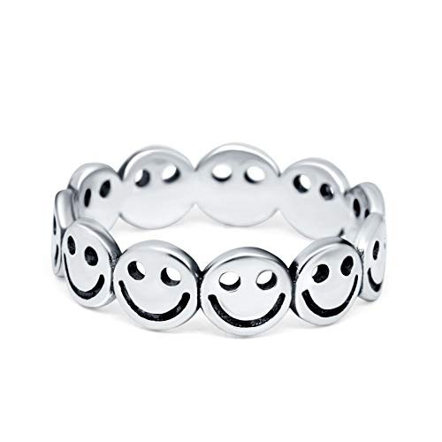 Blue Apple Co. Sterling Silver Size-10 Smiley Face Band Oxidized Thumb Ring Round 925 Sterling Silver