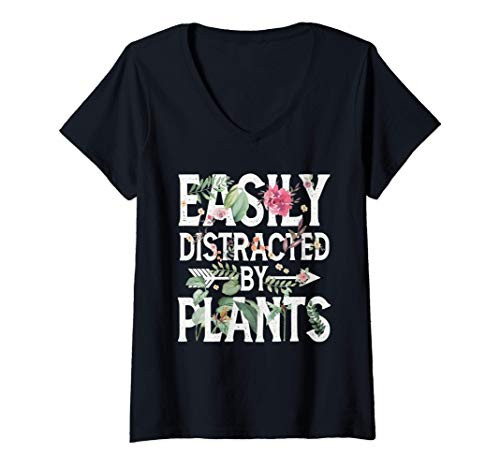 Womens Easily Distracted By Plants Floral Design Garden Lovers Gift V-Neck T-Shirt