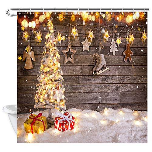 JAWO Christmas Shower Curtain for Bathroom, Christmas Tree on Snow with Star on Wooden Board, Shower Curtain for Bathroom Decor Polyester Fabric Bath Curtain and Hooks Waterproof 69x70inches JAWO Christmas Shower Curtain for Bathroom, Christmas Tree on Snow with Star on Wooden Board, Shower Curtain for Bathroom Decor Polyester Fabric Bath Curtain and Hooks Waterproof 69x70inches