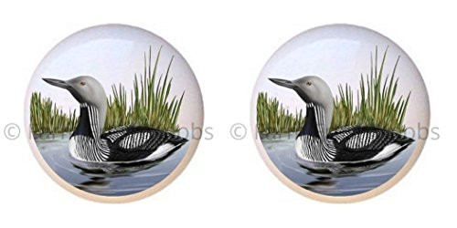 SET OF 2 KNOBS - Loon - Loons - DECORATIVE Glossy CERAMIC Cupboard Cabinet PULLS Dresser Drawer KNOBS