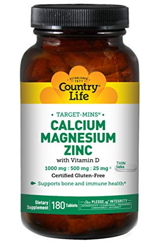 Country Life Target-Mins Calcium Magnesium Zinc w/Vitamin D 1000mg/500mg/25mg - 180 Tablets - Supports Bone  and  Immune