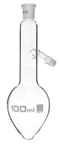 Distilling Flask, 100ml - 14/23 Joint  and  Side Socket - Borosilicate Glass, Pear Shape - Short Neck - Eisco Labs