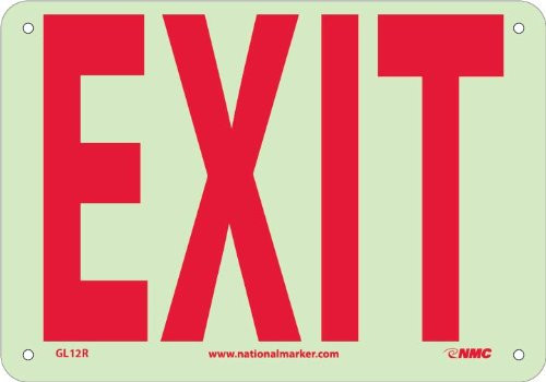 NMC GL12R EXIT Sign  10 in. x 7 in. 6 Hour Glow Rigid Plastic Safety Sign, Red on Glow Yellow