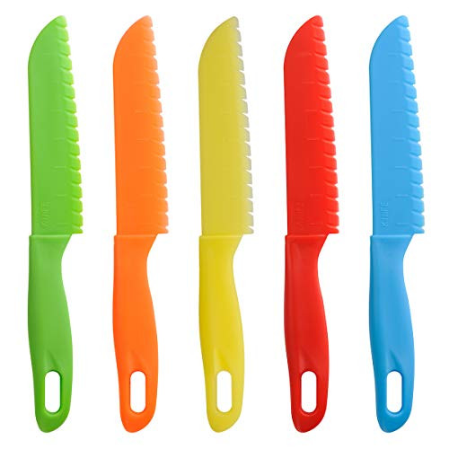 ONUPGO 5 Pieces Kids Kitchen Knife Set, ToddlerPlastic Kitchen Knife Set - Kids Safe Cooking Knives, Chef Nylon Knife/Children's Fruit Knife, Cake Knife?Bread Knife, Lettuce Knife or Salad Knife