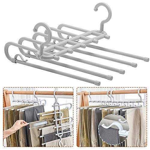 AIR and TREE Strong Pants Hangers Multi-Layer Hanging Pants 5 in 1 Pants Rack Folding Storage Rack Space Saver Storage for Clothes Trousers Scarf Tie Jeans Hanging Gray(2PACK)