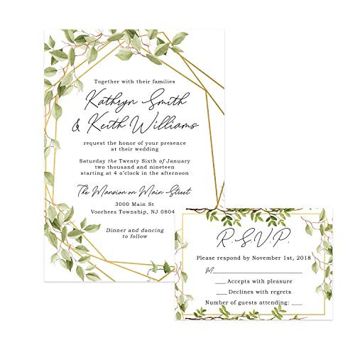Greenery Geometric Wedding Invitations and Self Mailing RSVP Cards - Includes Envelopes for Set