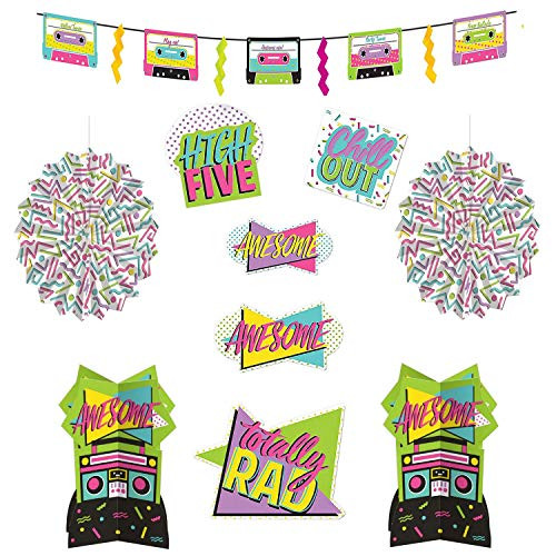 Awesome 80's and 90's Party Supplies - Hanging Decorations, Cutouts, and Centerpieces (10 Piece Set)