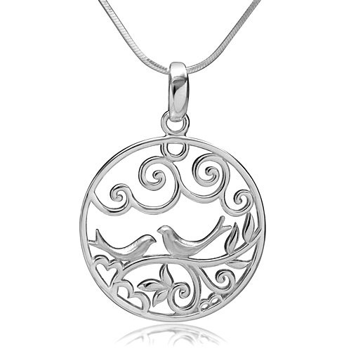 925 Sterling Silver Filigree Lovebirds on Tree Branch Love Symbol Round Pendant Necklace, 18 inches