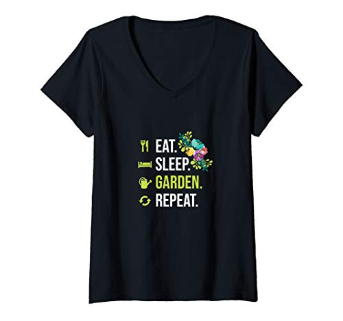 Womens Eat Sleep Garden Repeat Gardener Gardening V-Neck T-Shirt