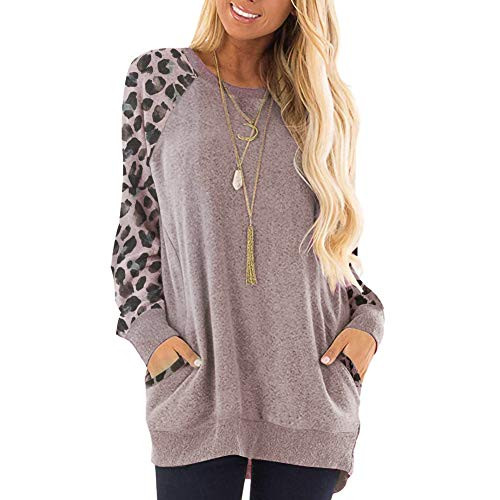 YIQIAN Women's Long Sleeve Round Neck Casual Pocket T-Shirt Blouse Sweatshirt Long Sleeve Top (Leopard pink,XL)