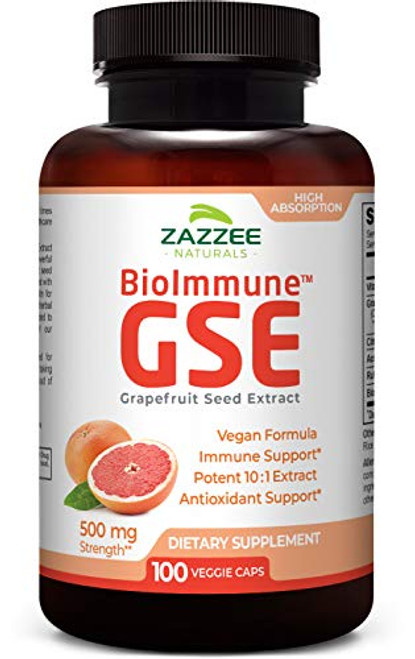 Zazzee BioImmune Grapefruit Seed Extract 500 mg 100 Vegan Capsules, High Absorption, Potent Immune Support Blend, 10:1 Extract, Non-GMO and All-Natural