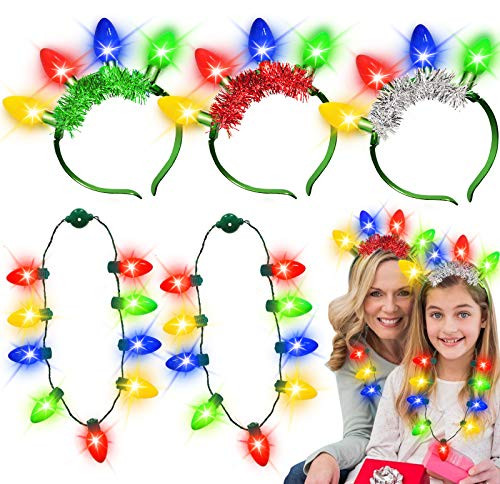 6 Pack Xmas Party Favors Set--3 Tinsel Led Headbands 3 Glow Bulb Necklaces Christmas Accessories Supplies for Kid Adult Women Holiday Xmas Gift New Year Eve Party Favors