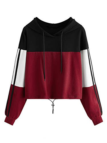 SweatyRocks Women's Casual Long Sleeve Colorblock Pullover Hoodie Sweatshirt Crop Top Black Burgundy Medium