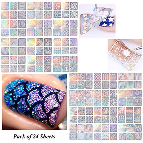 Xmasir 24 Sheets(Small 144 Pieces) Nail Vinyls Nail Stencil Sticker Set for Nail Art Stickers Tips Decals,Nail Transfer Guide Template 36 Designs