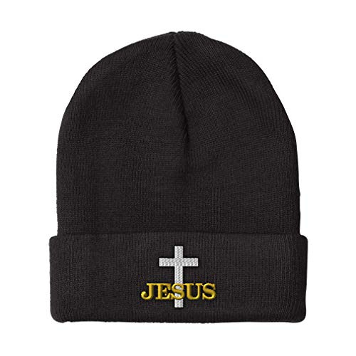 Custom Beanie for Men  and  Women Christian Cross, Jesus Embroidery Acrylic Skull Cap Hat Black Design Only