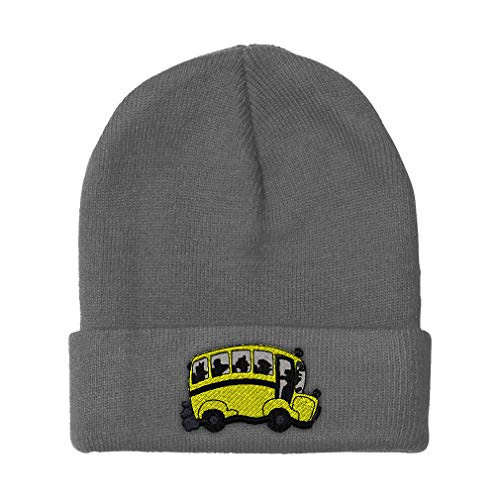 Custom Beanie for Men  and  Women School Bus C Embroidery Acrylic Skull Cap Hat Light Grey Design Only