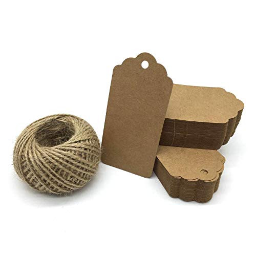 TooMeeCrafts 100 PCS Gift Tags Kraft Paper Tags for Wedding Brown Rectangle Craft Hang Tags with Free 100 Feet Natural Jute Twine