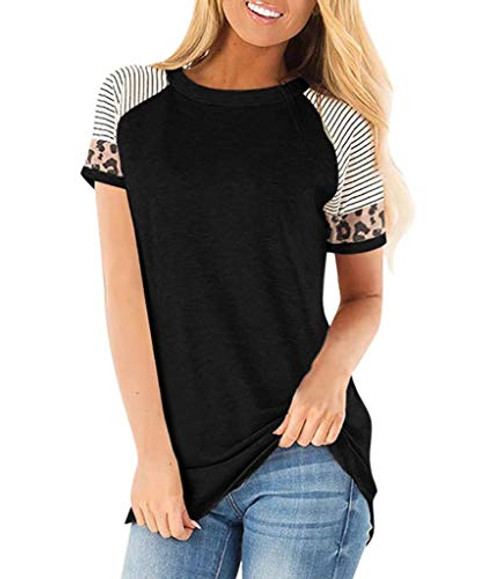 Womens Round Neck Tee Tops Color Block Stripe T-Shirts Short Sleeve Loose Casual Fit Tunic Top Baggy Comfy Blouse Black 3XL