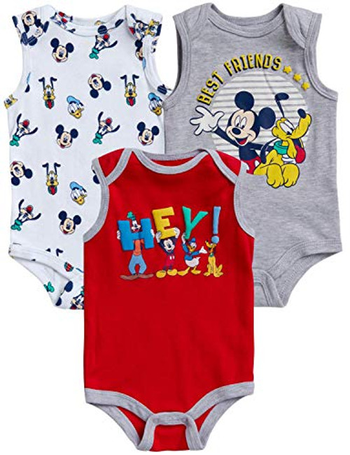 Disney Baby Boys Newborn Mickey Mouse Sleeveless Bodysuit (3 Pack), Size 0-3 Months, Hey Mickey' Disney Baby Boys Newborn Mickey Mouse Sleeveless Bodysuit (3 Pack), Size 0-3 Months, Hey Mickey'