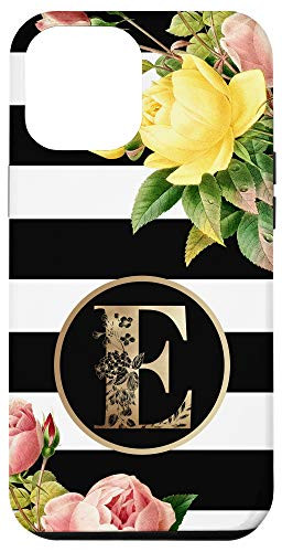 iPhone 12 Pro Max Initial E Monogram Vintage Roses On Black And White Stripes Case
