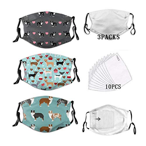 Megpo 3Pcs Chihuahua Dog Face Mask with Filter Pocket Washable Reusable Face Bandanas Balaclava with 10 Filters