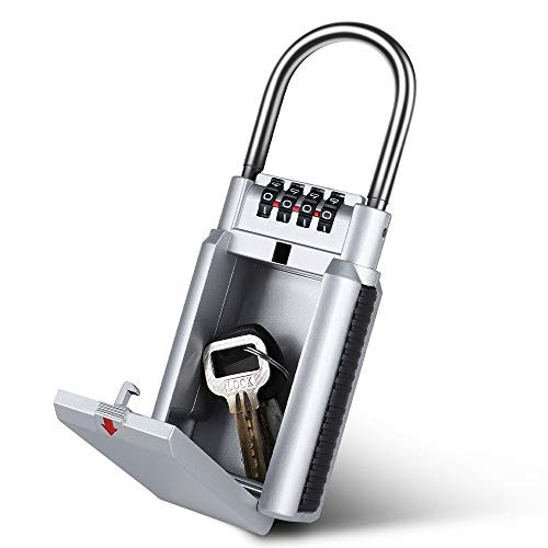 Key Safe Lock Box,Portable Key Safe Box 4-Digit Combination Lock Storage House Car Padlock Safe Security Indoor and Outdoor (Silver)