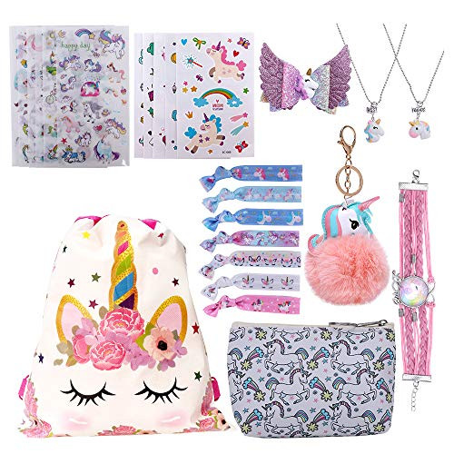 25 PCS Unicorn Gifts for Girls Unicorn Gift Sets Drawstring Backpack/ Necklace/ Hairpin/ Stickers/ Bracelets/ Hair Ties /Temporary Tattoos Kids Birthday Gifts Accessories Children Party Favors