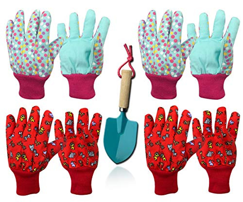 Kids Gardening Work Gloves Cotton Garden Soft Jersey Gloves, 4 pairs gloves 1 shovel
