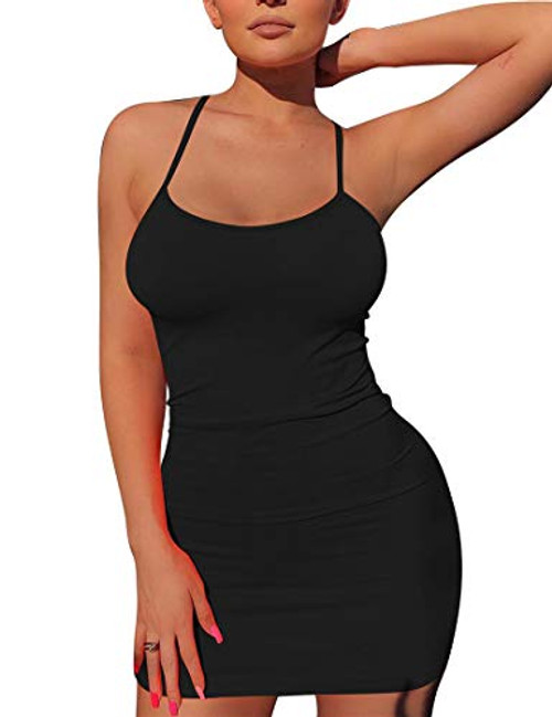 Mizoci Women's Basic Spaghetti Strap Tank Dress Sexy Sleeveless Bodycon Mini Club Dress,Large,Black