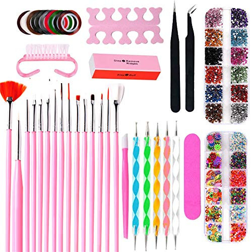 YBang Nail Art Supplies for Girls Women, 43 PCs Professional DIY Decoration Nail Art Kits with 3D Glitter, Nail Rhinestones, Art Brushes, Dotting Pens, Nail Striping Tapes, Nail Polishing Set