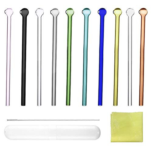 10 Pcs Multicolor Glass Straw, Round Head Reusable Drinking Straw Cocktail Straw Coffee Straw High Boron Silicate Glass Straw with Cleaning Brush and Cleaning Cloth (10 Colors, 7.5 x 0.32 inch)
