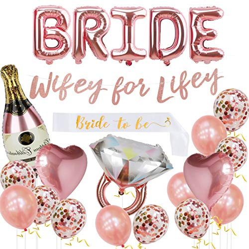 Bachelorette Party Decorations Kit, Bridal Shower Supplies - Bride Balloon, Bride to Be Sash, Ring Foil, Champagne Foil, Heart Balloon, Rose Gold Balloon, Glitter Banner - Wifey for Lifey Bachelorette Party Decorations Kit, Bridal Shower Supplies - Bride Balloon, Bride to Be Sash, Ring Foil, Champagne Foil, Heart Balloon, Rose Gold Balloon, Glitter Banner - Wifey for Lifey