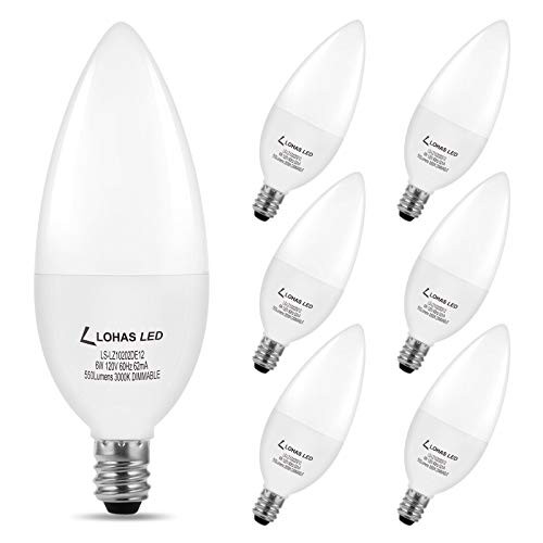 LOHAS E12 LED Candelabra Light Bulb 60W Incandescent Light Bulb, Dimmable 6W Soft White 3000K Chandelier Bulbs for Ceiling Fan, 550 Lumens, UL Listed, Candle Light Bulbs for Home Office Hotel, 6 Pack