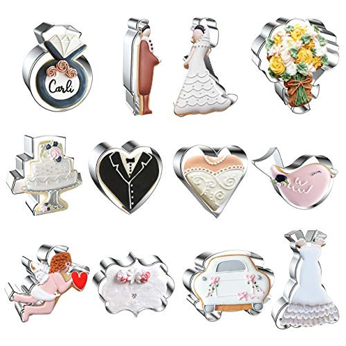 Wedding Cookie Cutter Set, Stainless Steel 12 Pieces, Heart, Diamond Ring, Bouquet Flower, Baby Bird, Wedding Dress Cake Cookie Cutters Molds Wedding Cookie Cutter Set, Stainless Steel 12 Pieces, Heart, Diamond Ring, Bouquet Flower, Baby Bird, Wedding Dress Cake Cookie Cutters Molds
