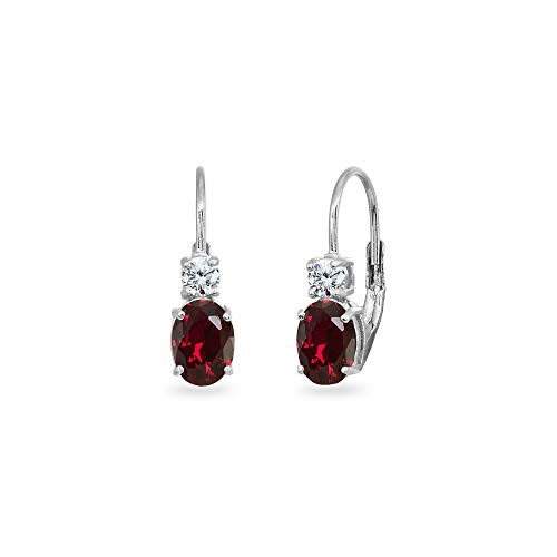 Sterling Silver 7x5mm Oval Synthetic Ruby  and  Round Cubic Zirconia Dainty Leverback Earrings for Women Teen Girls