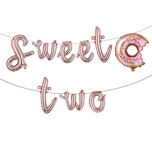 16 inch Two Sweet Balloons Donut,2nd Birthday Party,Baby Shower Birthday Party Decoration Sweet Two Balloon Letters Donut Party Supplies (L Sweet Two Rose Gold)