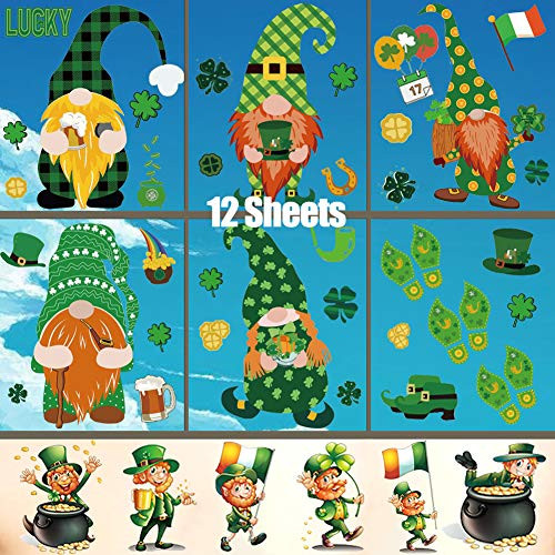12 Sheets st Patricks Day Window clings and st Patricks Day Tattoo Stickers, New Upgraded st Patricks Day Decorations, Shamrock Static, Leprechaun, Gnome Decals for Irish Party Supplies