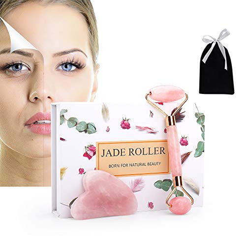 Jade Roller and Gua Sha Set , Rose Quartz Face Roller and Gua Sha Scrapping - 100 percent Natural Jade Facial Roller Massager for Face, Eye, Neck - Beauty Jade Roller Set for Facial Slimming and Firming Jade Roller and Gua Sha Set , Rose Quartz Face Roller and Gua Sha Scrapping - 100 percent Natural Jade Facial Roller Massager for Face, Eye, Neck - Beauty Jade Roller Set for Facial Slimming and Firming