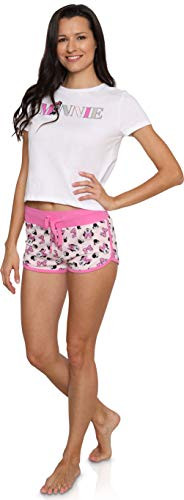 Disney Minnie Mouse Women's Tee and Shorts 2 Piece Pajama Set, White/Pink, Large