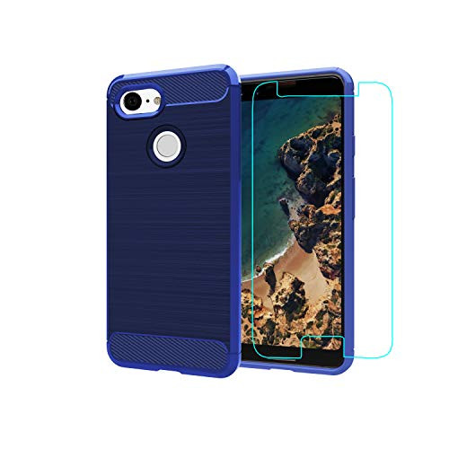 Google Pixel 3 Phone Case,WINGLIKE Resilient Shock Absorption Case Slim Carbon Drawbench Cover Flexible TPU Protective Case with [HD Screen Protector] for Pixel 3-Blue