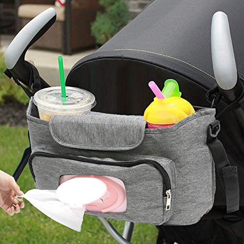 MIEMIE Universal Baby Stroller Organizer Caddy Featuring 2 Insulated Cup Holders Stroller Accessories Bag Fits for Uppababy, Baby Jogger, Britax, Bugaboo, BOB, Umbrella and Pet Stroller Grey
